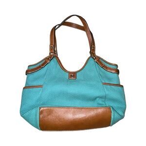 Relic by Fossil Teal Brown Signature Jacquard Tote Bag Y2K